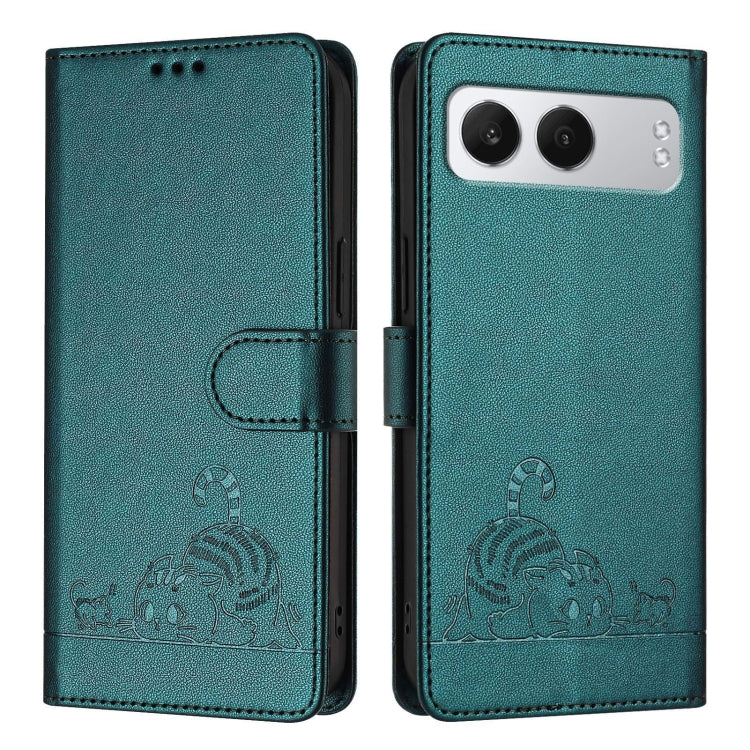 For OnePlus Nord 4 5G Cat Rat Embossed Pattern RFID Leather Phone Case with Lanyard(Peacock Green) - Nord 4 Cases by buy2fix | Online Shopping UK | buy2fix