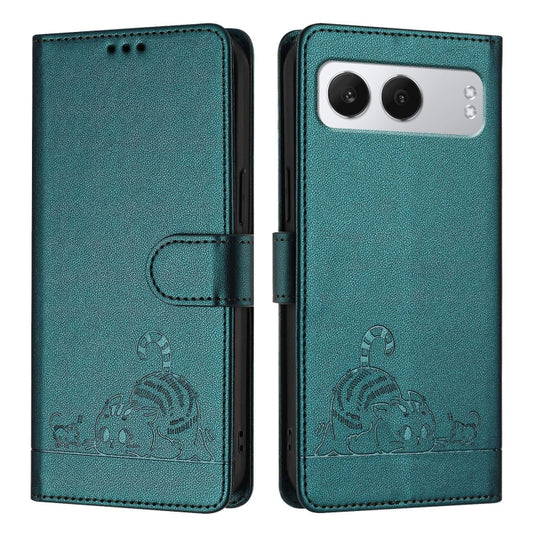 For OnePlus Nord 4 5G Cat Rat Embossed Pattern RFID Leather Phone Case with Lanyard(Peacock Green) - Nord 4 Cases by buy2fix | Online Shopping UK | buy2fix