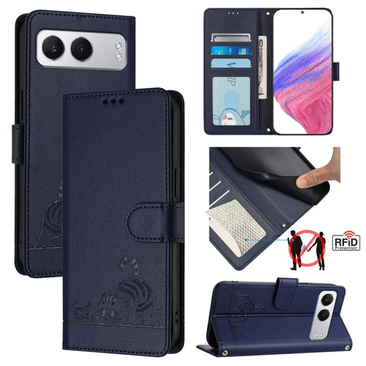 For OnePlus Nord 4 5G Cat Rat Embossed Pattern RFID Leather Phone Case with Lanyard(Blue) - Nord 4 Cases by buy2fix | Online Shopping UK | buy2fix
