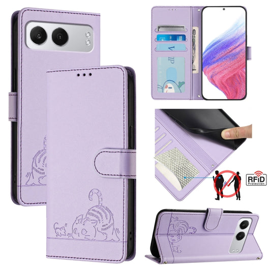 For OnePlus Nord 4 5G Cat Rat Embossed Pattern RFID Leather Phone Case with Lanyard(Purple) - OnePlus Cases by buy2fix | Online Shopping UK | buy2fix