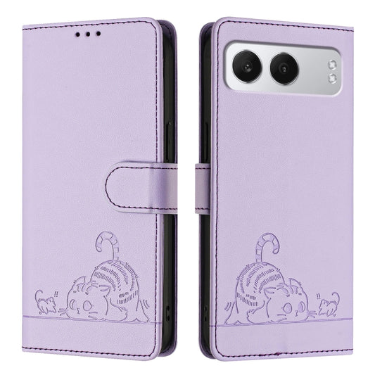 For OnePlus Nord 4 5G Cat Rat Embossed Pattern RFID Leather Phone Case with Lanyard(Purple) - OnePlus Cases by buy2fix | Online Shopping UK | buy2fix