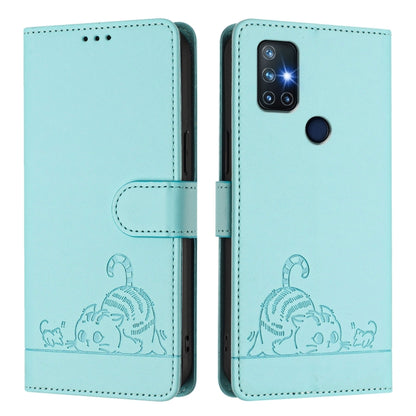 For OnePlus Nord N10 5G Cat Rat Embossed Pattern RFID Leather Phone Case with Lanyard(Mint Green) - OnePlus Cases by buy2fix | Online Shopping UK | buy2fix