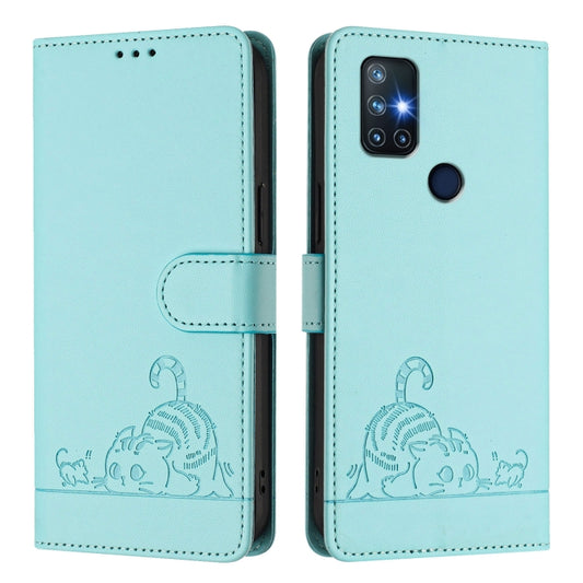 For OnePlus Nord N10 5G Cat Rat Embossed Pattern RFID Leather Phone Case with Lanyard(Mint Green) - OnePlus Cases by buy2fix | Online Shopping UK | buy2fix