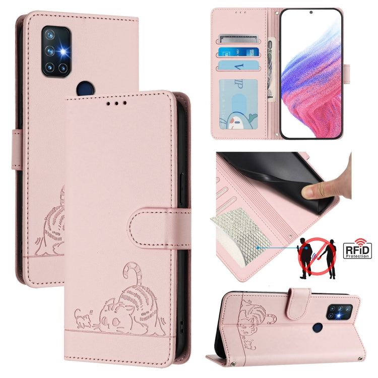 For OnePlus Nord N10 5G Cat Rat Embossed Pattern RFID Leather Phone Case with Lanyard(Pink) - OnePlus Cases by buy2fix | Online Shopping UK | buy2fix