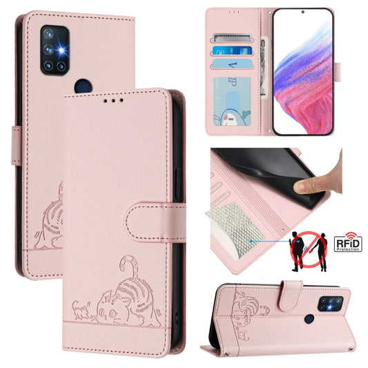 For OnePlus Nord N10 5G Cat Rat Embossed Pattern RFID Leather Phone Case with Lanyard(Pink) - OnePlus Cases by buy2fix | Online Shopping UK | buy2fix
