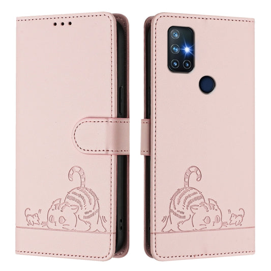 For OnePlus Nord N10 5G Cat Rat Embossed Pattern RFID Leather Phone Case with Lanyard(Pink) - OnePlus Cases by buy2fix | Online Shopping UK | buy2fix