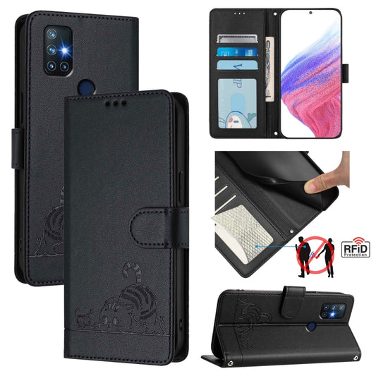 For OnePlus Nord N10 5G Cat Rat Embossed Pattern RFID Leather Phone Case with Lanyard(Black) - OnePlus Cases by buy2fix | Online Shopping UK | buy2fix