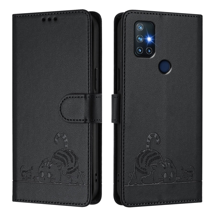 For OnePlus Nord N10 5G Cat Rat Embossed Pattern RFID Leather Phone Case with Lanyard(Black) - OnePlus Cases by buy2fix | Online Shopping UK | buy2fix