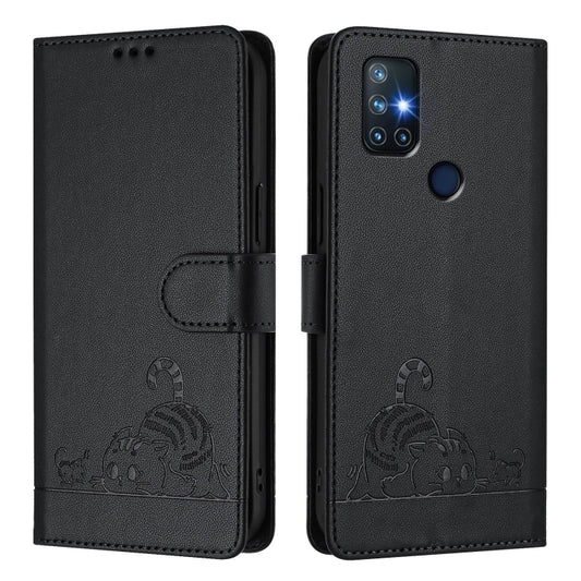 For OnePlus Nord N10 5G Cat Rat Embossed Pattern RFID Leather Phone Case with Lanyard(Black) - OnePlus Cases by buy2fix | Online Shopping UK | buy2fix