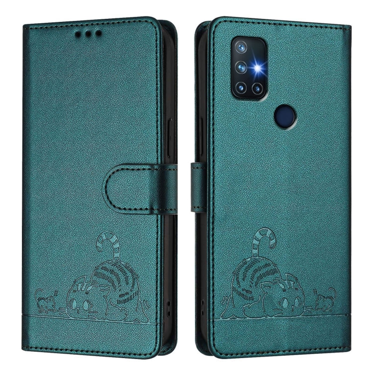 For OnePlus Nord N10 5G Cat Rat Embossed Pattern RFID Leather Phone Case with Lanyard(Peacock Green) - OnePlus Cases by buy2fix | Online Shopping UK | buy2fix