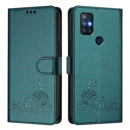 For OnePlus Nord N10 5G Cat Rat Embossed Pattern RFID Leather Phone Case with Lanyard(Peacock Green) - OnePlus Cases by buy2fix | Online Shopping UK | buy2fix