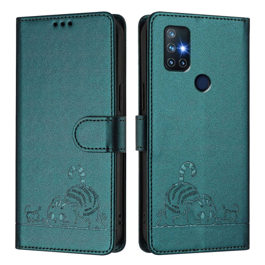 For OnePlus Nord N10 5G Cat Rat Embossed Pattern RFID Leather Phone Case with Lanyard(Peacock Green) - OnePlus Cases by buy2fix | Online Shopping UK | buy2fix
