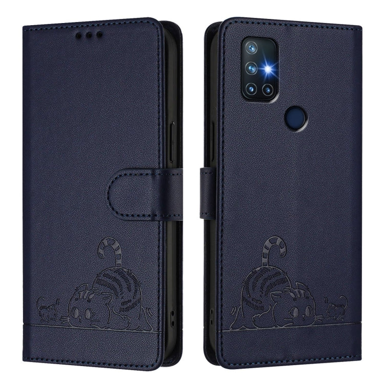 For OnePlus Nord N10 5G Cat Rat Embossed Pattern RFID Leather Phone Case with Lanyard(Blue) - OnePlus Cases by buy2fix | Online Shopping UK | buy2fix