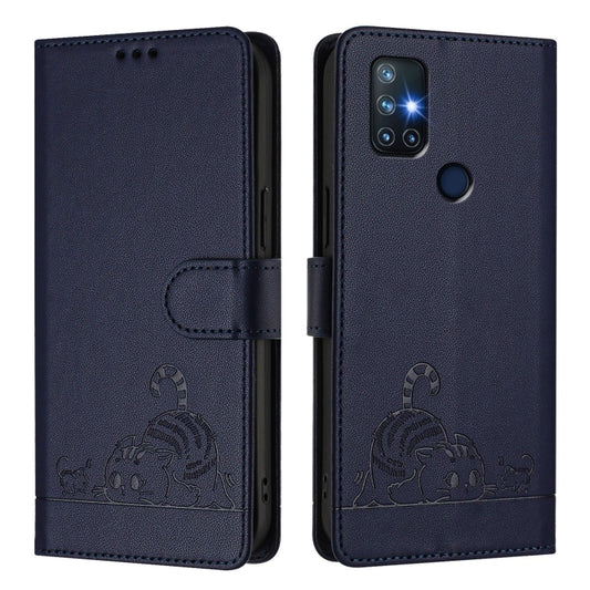For OnePlus Nord N10 5G Cat Rat Embossed Pattern RFID Leather Phone Case with Lanyard(Blue) - OnePlus Cases by buy2fix | Online Shopping UK | buy2fix