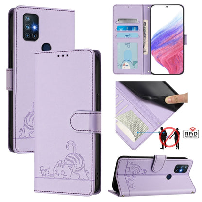 For OnePlus Nord N10 5G Cat Rat Embossed Pattern RFID Leather Phone Case with Lanyard(Purple) - OnePlus Cases by buy2fix | Online Shopping UK | buy2fix