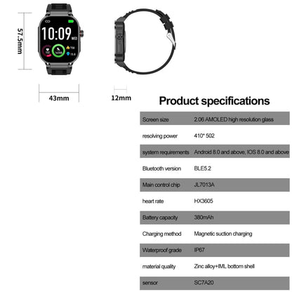 G40S 2.06 inch IP67 BT5.2 Sport Smart Watch, Support Bluetooth Call / Sleep / Blood Oxygen / Heart Rate / Blood Pressure Health Monitor(Black) by buy2fix