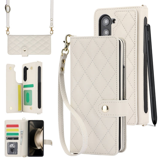 For Samsung Galaxy Z Fold5 Crossbody Multifunction Rhombic Leather Phone Case(White) - Galaxy Z Fold5 Cases by buy2fix | Online Shopping UK | buy2fix