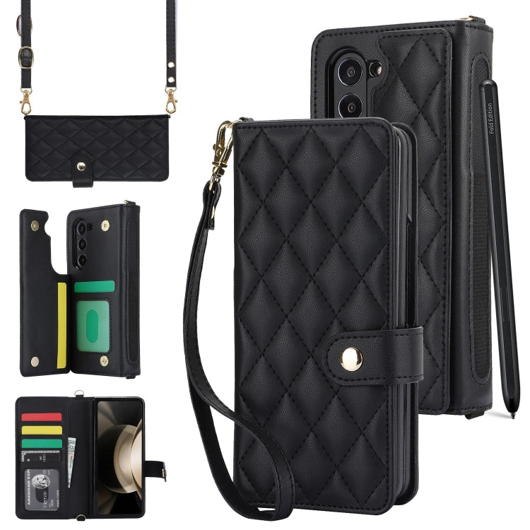 For Samsung Galaxy Z Fold5 Crossbody Multifunction Rhombic Leather Phone Case(Black) - Galaxy Z Fold5 Cases by buy2fix | Online Shopping UK | buy2fix