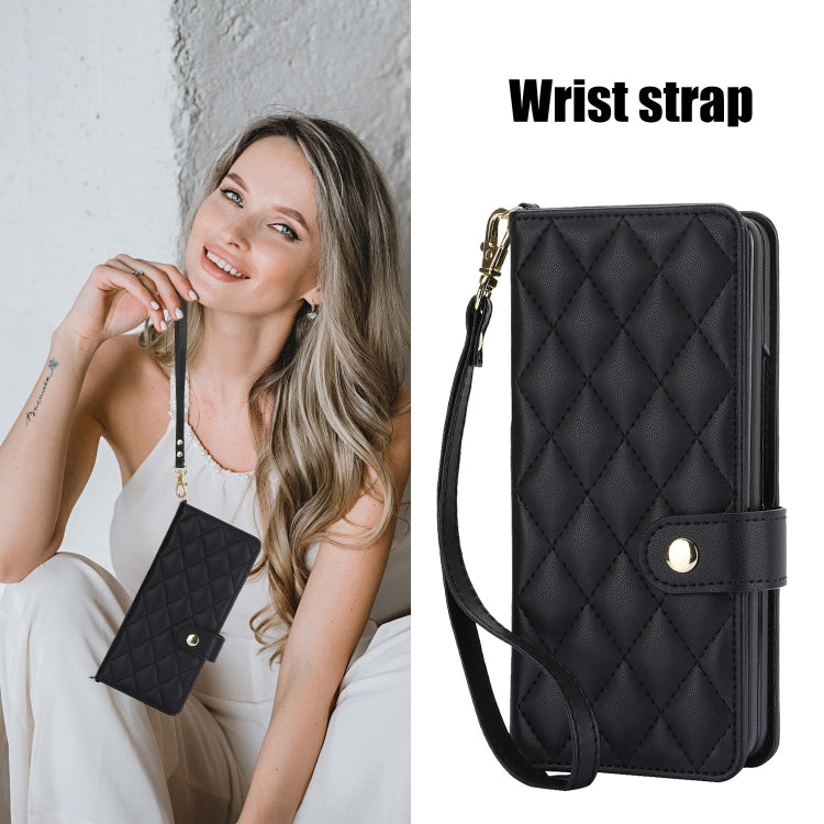 For Samsung Galaxy Z Fold5 Crossbody Multifunction Rhombic Leather Phone Case(Black) - Galaxy Z Fold5 Cases by buy2fix | Online Shopping UK | buy2fix