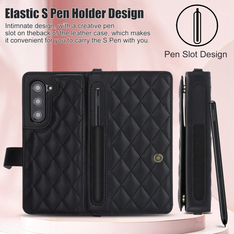 For Samsung Galaxy Z Fold5 Crossbody Multifunction Rhombic Leather Phone Case(Black) - Galaxy Z Fold5 Cases by buy2fix | Online Shopping UK | buy2fix