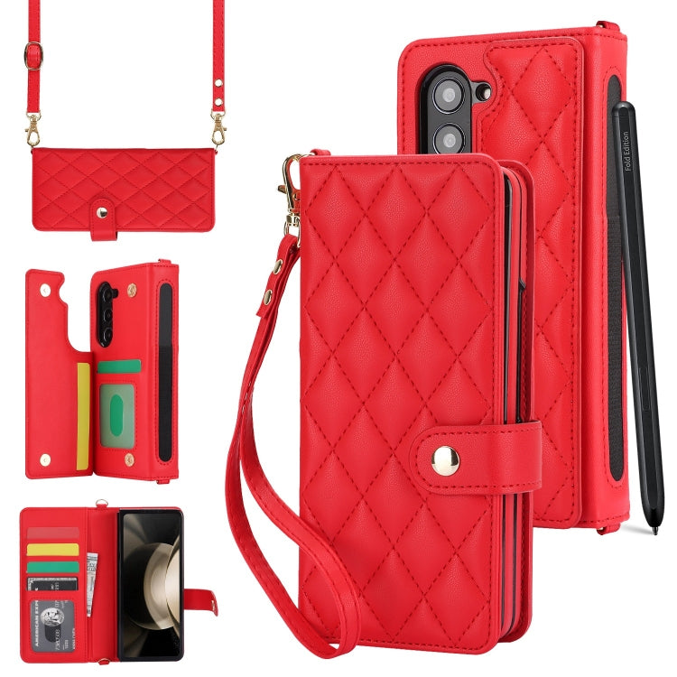 For Samsung Galaxy Z Fold5 Crossbody Multifunction Rhombic Leather Phone Case(Red) - Galaxy Z Fold5 Cases by buy2fix | Online Shopping UK | buy2fix