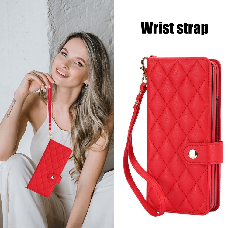 For Samsung Galaxy Z Fold5 Crossbody Multifunction Rhombic Leather Phone Case(Red) - Galaxy Z Fold5 Cases by buy2fix | Online Shopping UK | buy2fix