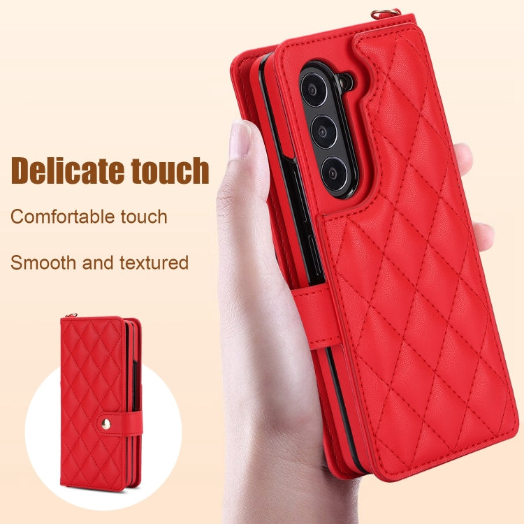 For Samsung Galaxy Z Fold5 Crossbody Multifunction Rhombic Leather Phone Case(Red) - Galaxy Z Fold5 Cases by buy2fix | Online Shopping UK | buy2fix