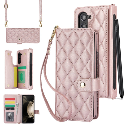 For Samsung Galaxy Z Fold5 Crossbody Multifunction Rhombic Leather Phone Case(Rose Gold) - Galaxy Z Fold5 Cases by buy2fix | Online Shopping UK | buy2fix