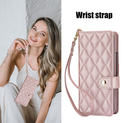 For Samsung Galaxy Z Fold5 Crossbody Multifunction Rhombic Leather Phone Case(Rose Gold) - Galaxy Z Fold5 Cases by buy2fix | Online Shopping UK | buy2fix