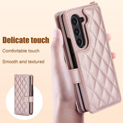For Samsung Galaxy Z Fold5 Crossbody Multifunction Rhombic Leather Phone Case(Rose Gold) - Galaxy Z Fold5 Cases by buy2fix | Online Shopping UK | buy2fix