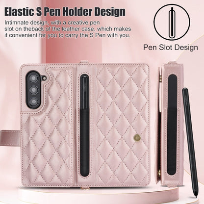 For Samsung Galaxy Z Fold5 Crossbody Multifunction Rhombic Leather Phone Case(Rose Gold) - Galaxy Z Fold5 Cases by buy2fix | Online Shopping UK | buy2fix