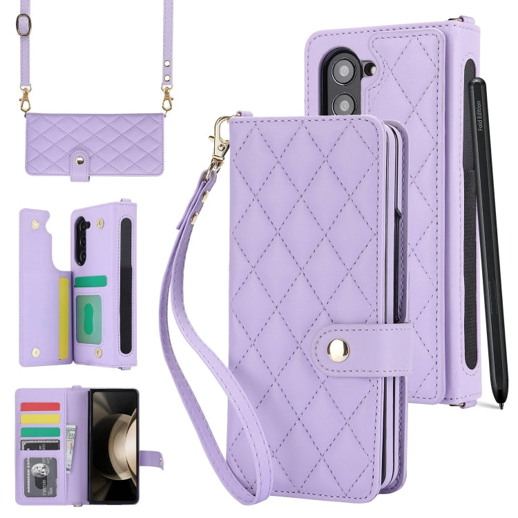 For Samsung Galaxy Z Fold5 Crossbody Multifunction Rhombic Leather Phone Case(Purple) - Galaxy Z Fold5 Cases by buy2fix | Online Shopping UK | buy2fix