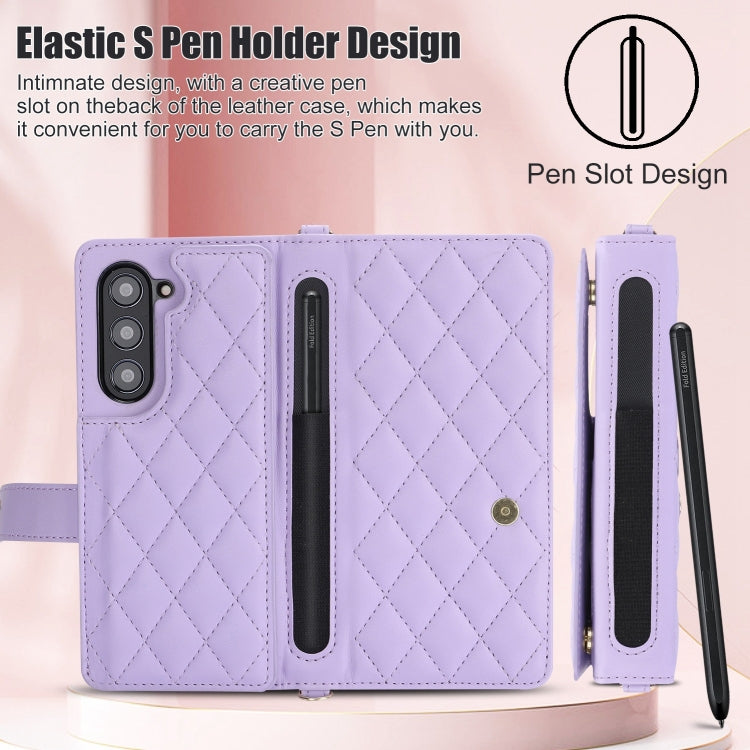 For Samsung Galaxy Z Fold5 Crossbody Multifunction Rhombic Leather Phone Case(Purple) - Galaxy Z Fold5 Cases by buy2fix | Online Shopping UK | buy2fix