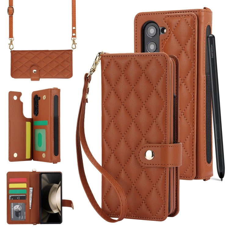 For Samsung Galaxy Z Fold5 Crossbody Multifunction Rhombic Leather Phone Case(Brown) - Galaxy Z Fold5 Cases by buy2fix | Online Shopping UK | buy2fix