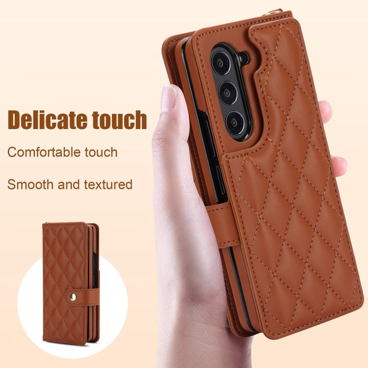 For Samsung Galaxy Z Fold5 Crossbody Multifunction Rhombic Leather Phone Case(Brown) - Galaxy Z Fold5 Cases by buy2fix | Online Shopping UK | buy2fix