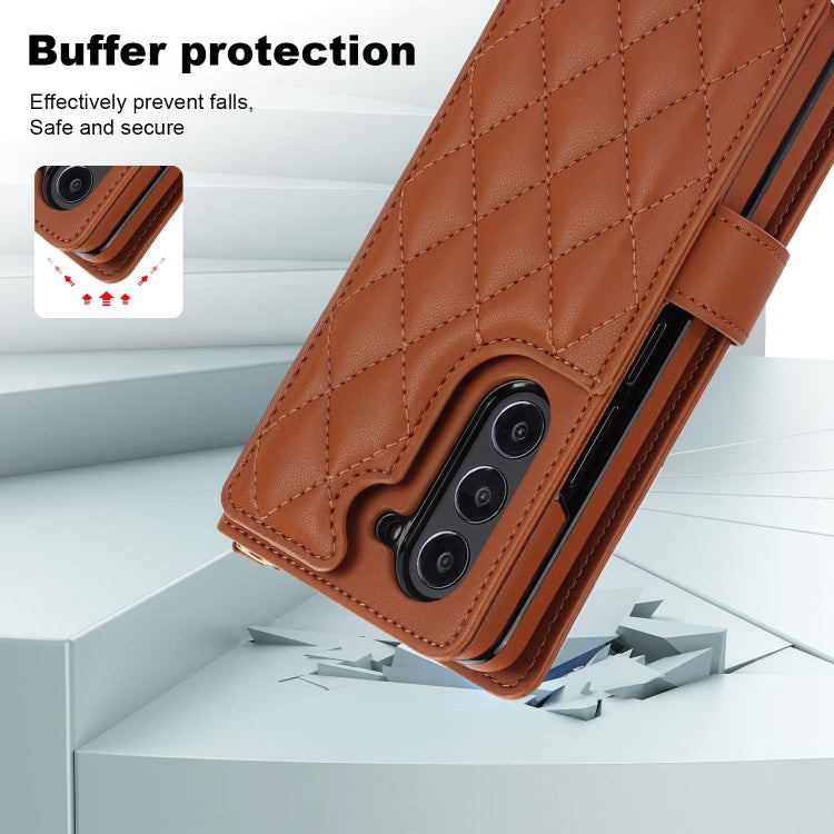 For Samsung Galaxy Z Fold5 Crossbody Multifunction Rhombic Leather Phone Case(Brown) - Galaxy Z Fold5 Cases by buy2fix | Online Shopping UK | buy2fix