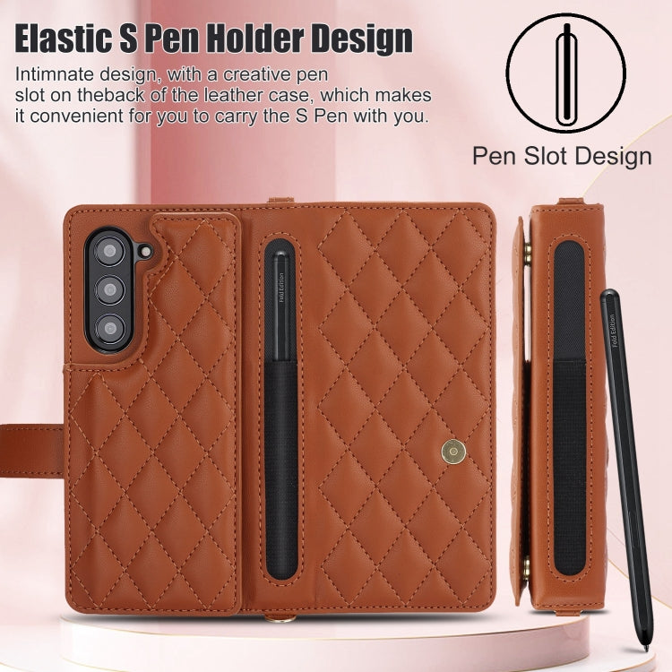 For Samsung Galaxy Z Fold5 Crossbody Multifunction Rhombic Leather Phone Case(Brown) - Galaxy Z Fold5 Cases by buy2fix | Online Shopping UK | buy2fix