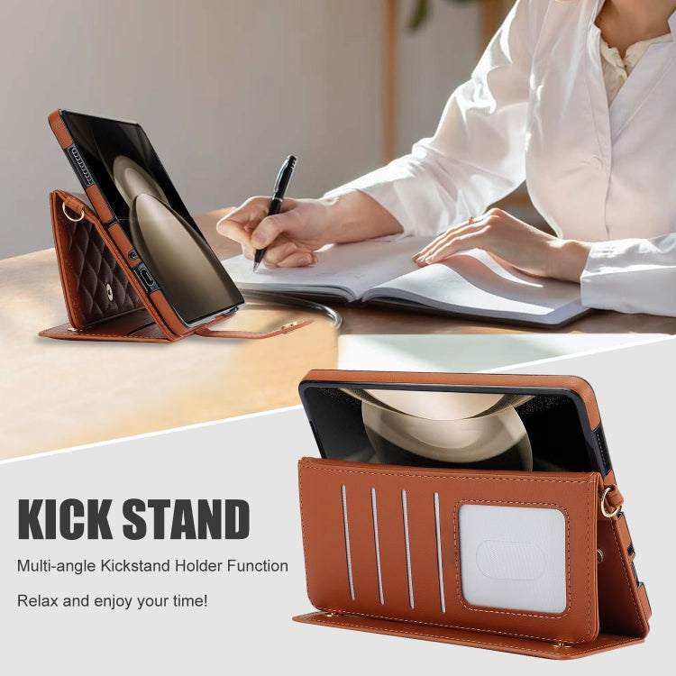 For Samsung Galaxy Z Fold5 Crossbody Multifunction Rhombic Leather Phone Case(Brown) - Galaxy Z Fold5 Cases by buy2fix | Online Shopping UK | buy2fix