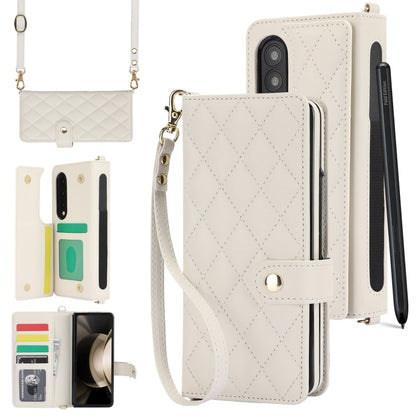 For Samsung Galaxy Z Fold4 Crossbody Multifunction Rhombic Leather Phone Case(White) - Galaxy Z Fold4 5G Cases by buy2fix | Online Shopping UK | buy2fix