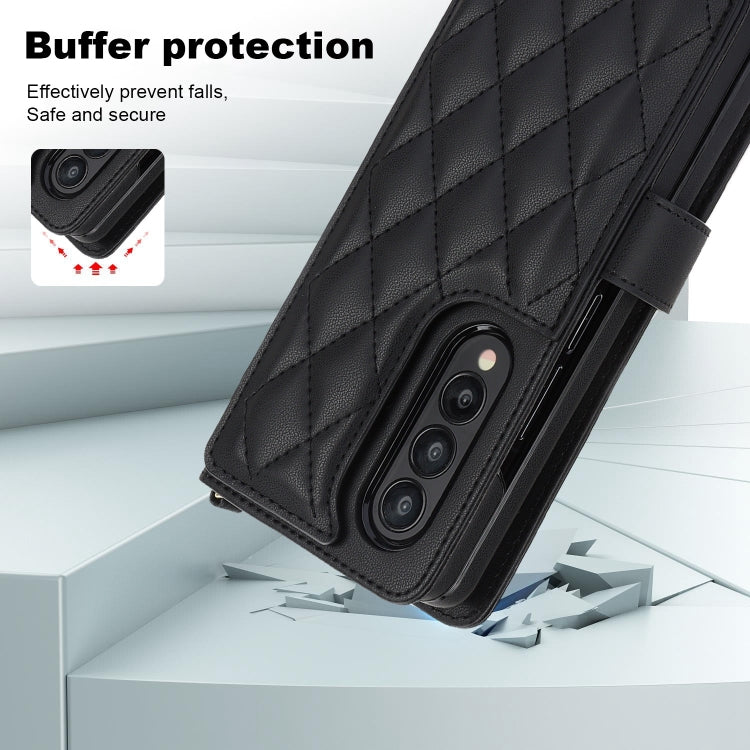 For Samsung Galaxy Z Fold4 Crossbody Multifunction Rhombic Leather Phone Case(Black) - Galaxy Z Fold4 5G Cases by buy2fix | Online Shopping UK | buy2fix