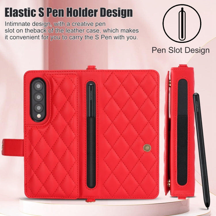 For Samsung Galaxy Z Fold4 Crossbody Multifunction Rhombic Leather Phone Case(Red) - Galaxy Z Fold4 5G Cases by buy2fix | Online Shopping UK | buy2fix