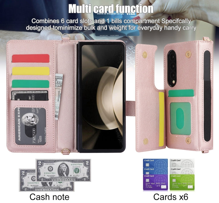 For Samsung Galaxy Z Fold4 Crossbody Multifunction Rhombic Leather Phone Case(Rose Gold) - Galaxy Z Fold4 5G Cases by buy2fix | Online Shopping UK | buy2fix