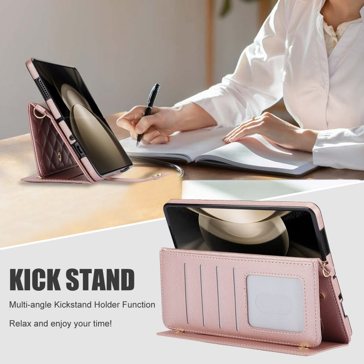For Samsung Galaxy Z Fold4 Crossbody Multifunction Rhombic Leather Phone Case(Rose Gold) - Galaxy Z Fold4 5G Cases by buy2fix | Online Shopping UK | buy2fix
