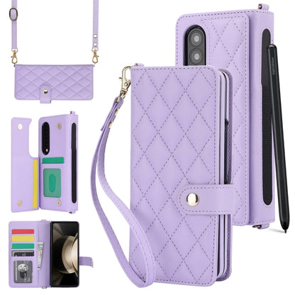 For Samsung Galaxy Z Fold4 Crossbody Multifunction Rhombic Leather Phone Case(Purple) - Galaxy Z Fold4 5G Cases by buy2fix | Online Shopping UK | buy2fix