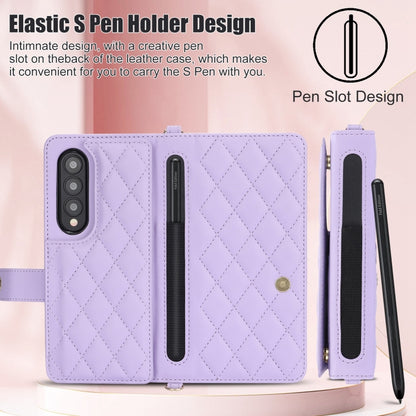 For Samsung Galaxy Z Fold4 Crossbody Multifunction Rhombic Leather Phone Case(Purple) - Galaxy Z Fold4 5G Cases by buy2fix | Online Shopping UK | buy2fix