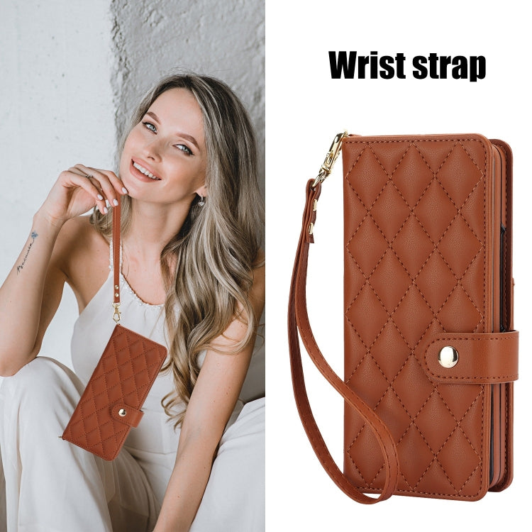 For Samsung Galaxy Z Fold4 Crossbody Multifunction Rhombic Leather Phone Case(Brown) - Galaxy Z Fold4 5G Cases by buy2fix | Online Shopping UK | buy2fix