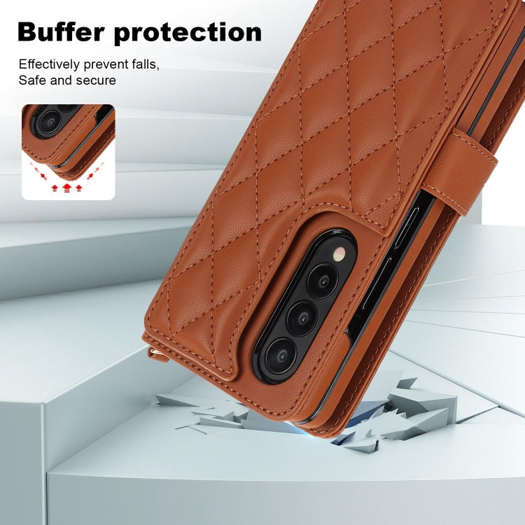 For Samsung Galaxy Z Fold4 Crossbody Multifunction Rhombic Leather Phone Case(Brown) - Galaxy Z Fold4 5G Cases by buy2fix | Online Shopping UK | buy2fix