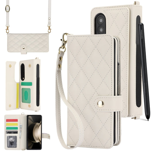 For Samsung Galaxy Z Fold3 Crossbody Multifunction Rhombic Leather Phone Case(White) - Galaxy Phone Cases by buy2fix | Online Shopping UK | buy2fix