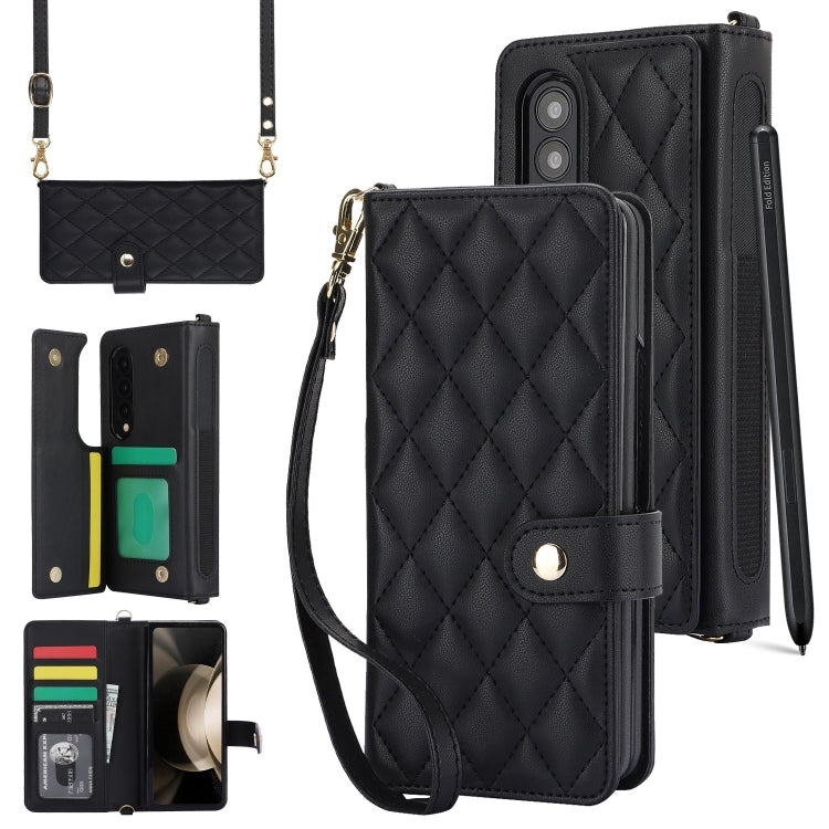 For Samsung Galaxy Z Fold3 Crossbody Multifunction Rhombic Leather Phone Case(Black) - Galaxy Phone Cases by buy2fix | Online Shopping UK | buy2fix