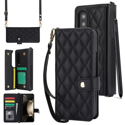For Samsung Galaxy Z Fold3 Crossbody Multifunction Rhombic Leather Phone Case(Black) - Galaxy Phone Cases by buy2fix | Online Shopping UK | buy2fix